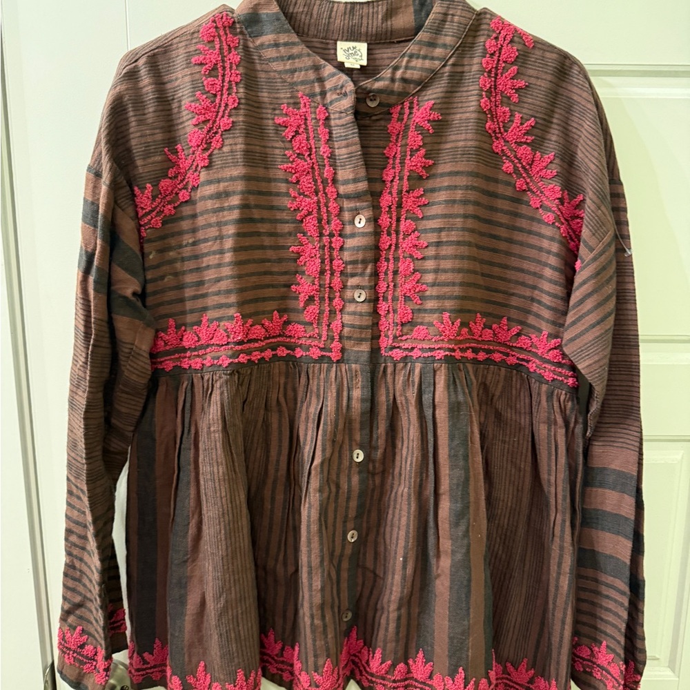 Boho Ivy jane Brown and Pink Embroidered Button Down Shirt